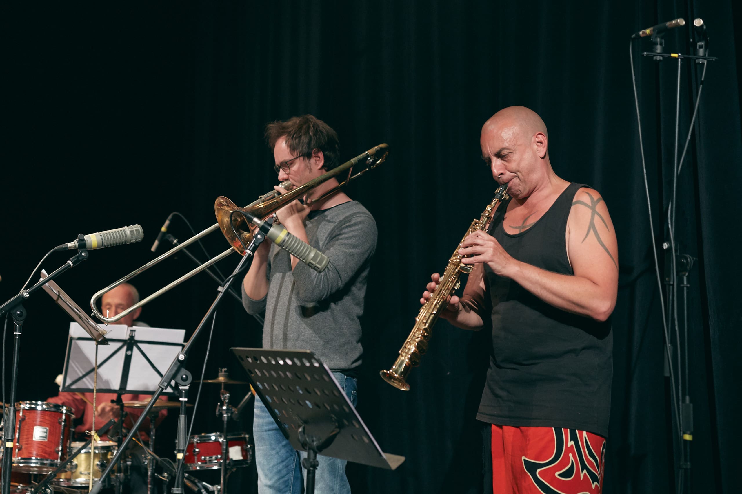 Konzertreihe LeipJAZZig: Werkstatt für Freiheit 2019 28. Juni 2019, Im Bild: Michael Breitenbach am Sopransaxophon und Adrian Kleinlosen an der Posaune. Fotos: Jörg Singer