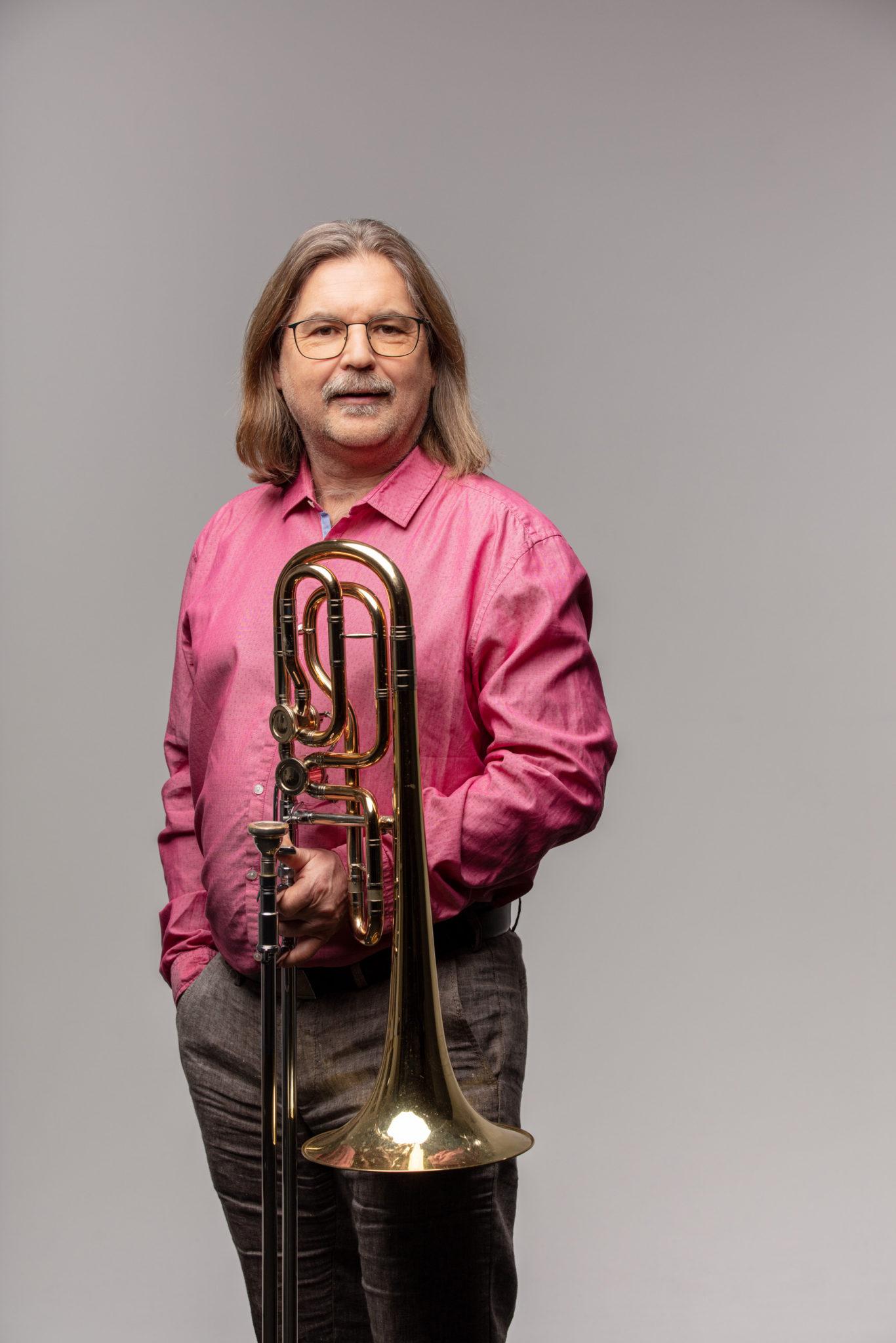 Band Percussion Posaune, Joachim Gelsdorf, Bassposaune, fotografiert von Jörg Singer
